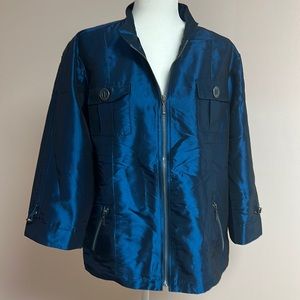 Chicos Metallic Blue light jacket Sz 3 EUC